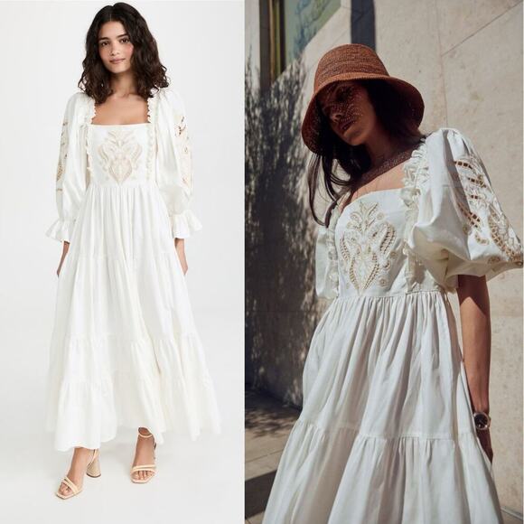 Lug Von Siga Daphne Embroidered Puff Sleeve Maxi Dress Off-White Size 34 FR/US 2 - Picture 1 of 12